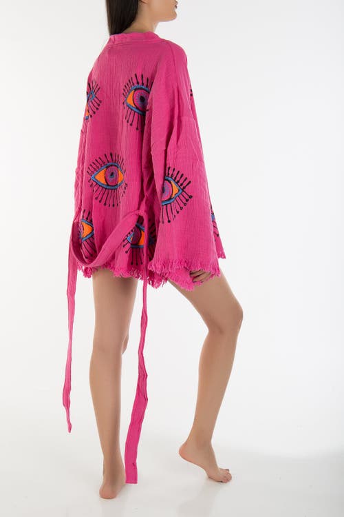 Forever & Always Shoes Sereia Evil Eye Handmade Cotton Short Kimono In Fuchsia