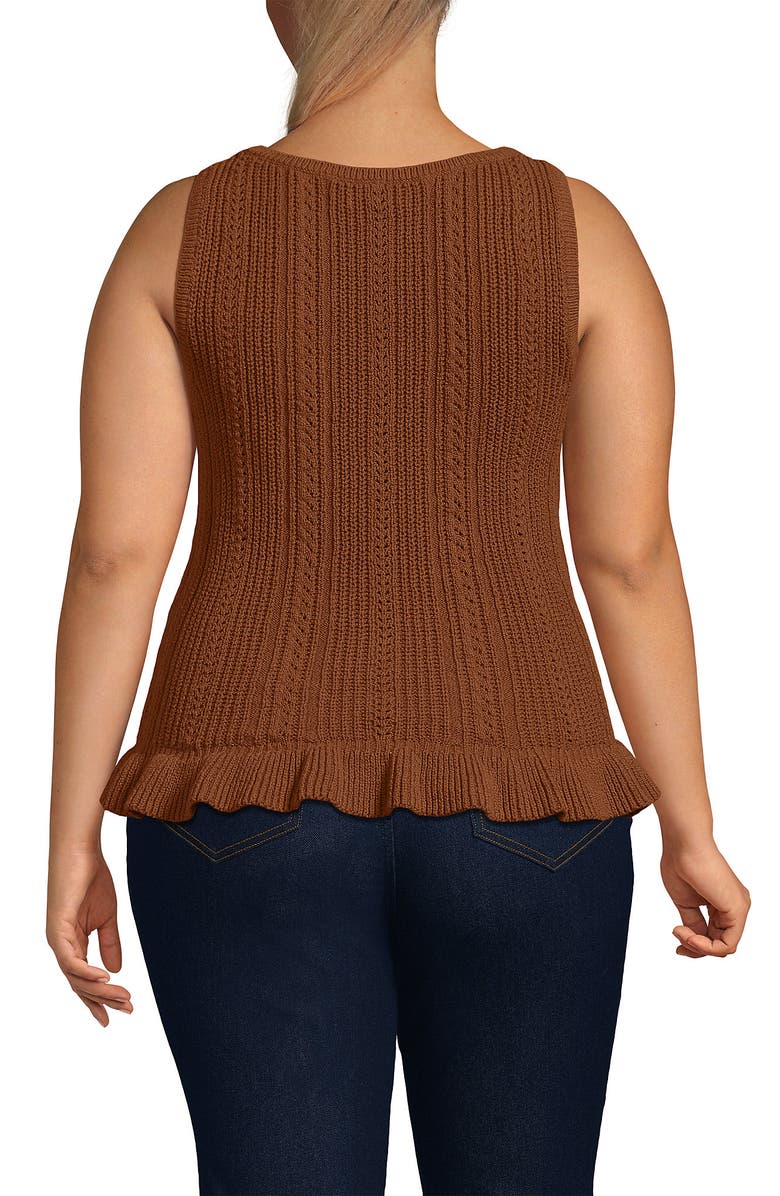 Lands' End Cotton Boucle Ruffle Hem Sleeveless Sweater, Alternate, color, Rich Ginger Brown
