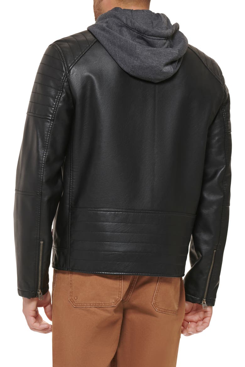 Faux Leather Hooded Moto Racer Jacket, Alternate, color, BLACK