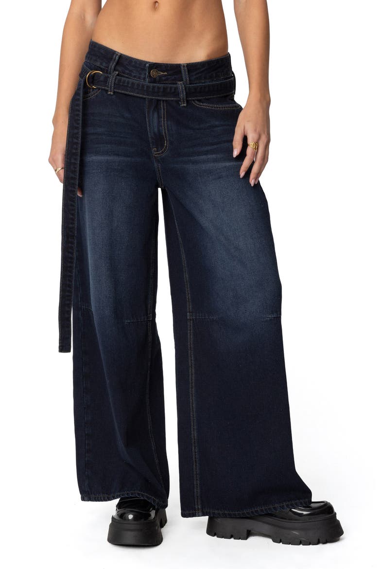 Belted Low Rise Super Baggy Jeans, Main, color, INDIGO-BLUE-RAW-WASH