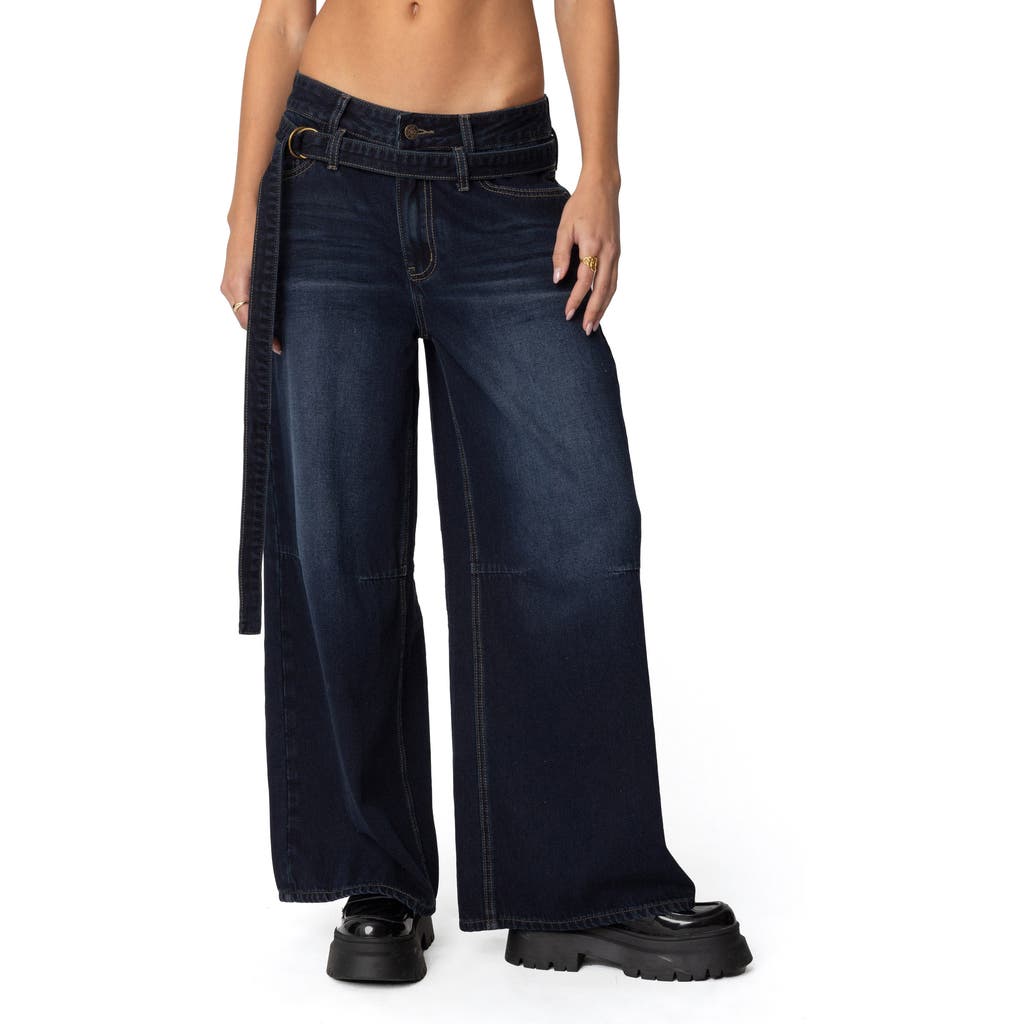 Edikted Belted Low Rise Super Baggy Jeans In Indigo-blue-raw-wash