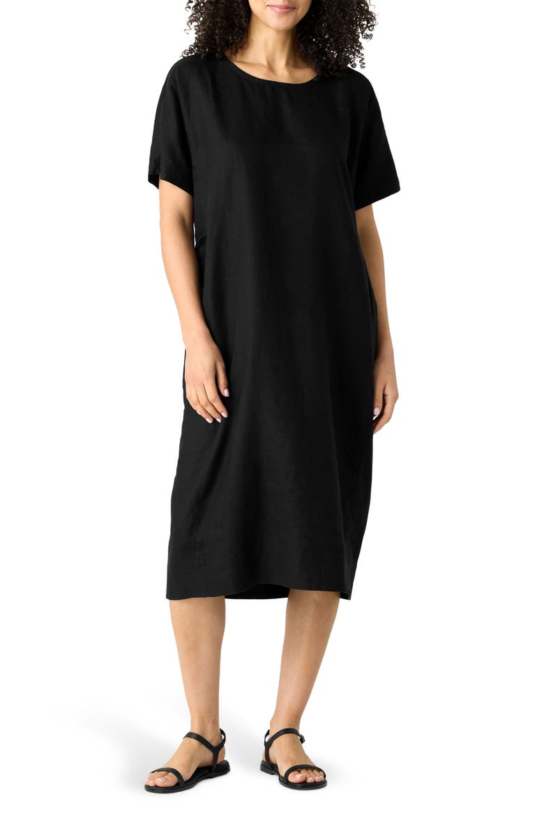Jewel Neck Organic Linen Shift Dress, Main, color, BLACK