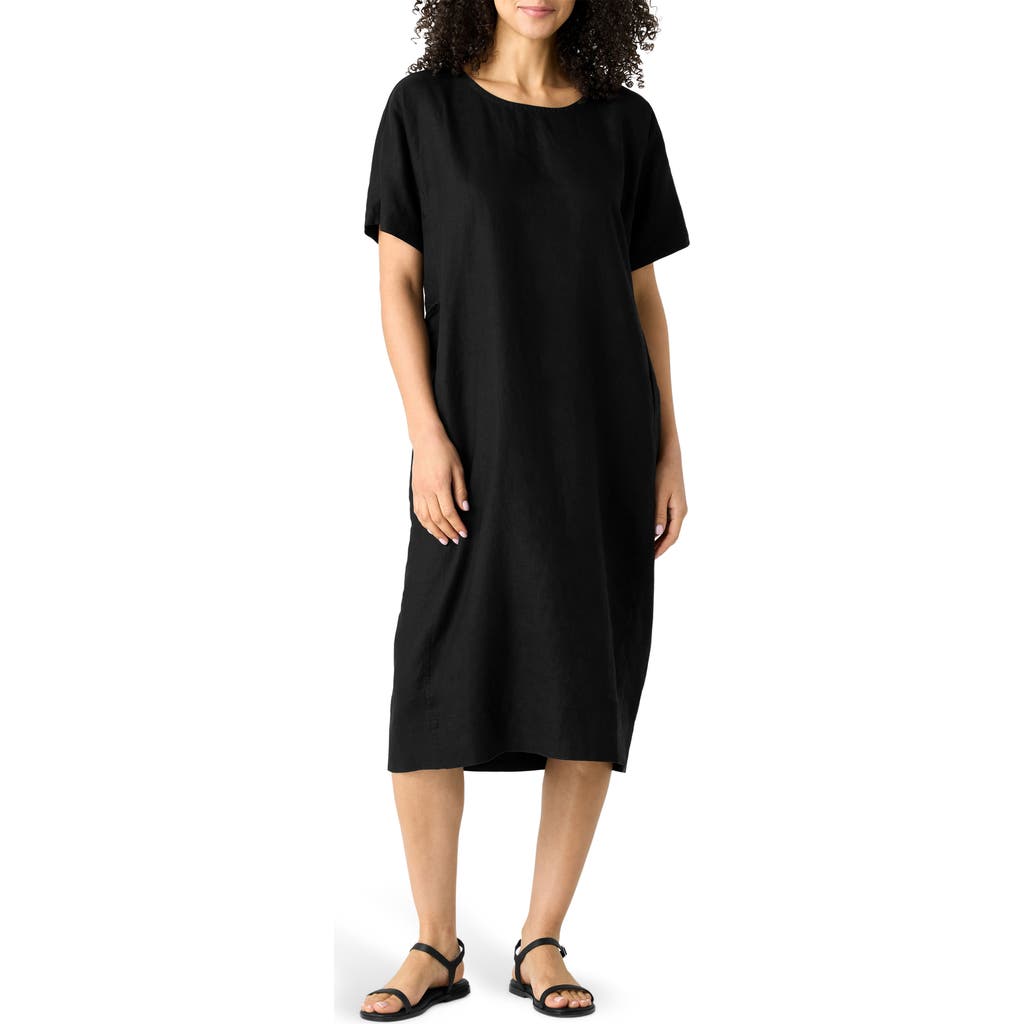 Eileen Fisher Jewel Neck Organic Linen Shift Dress In Black