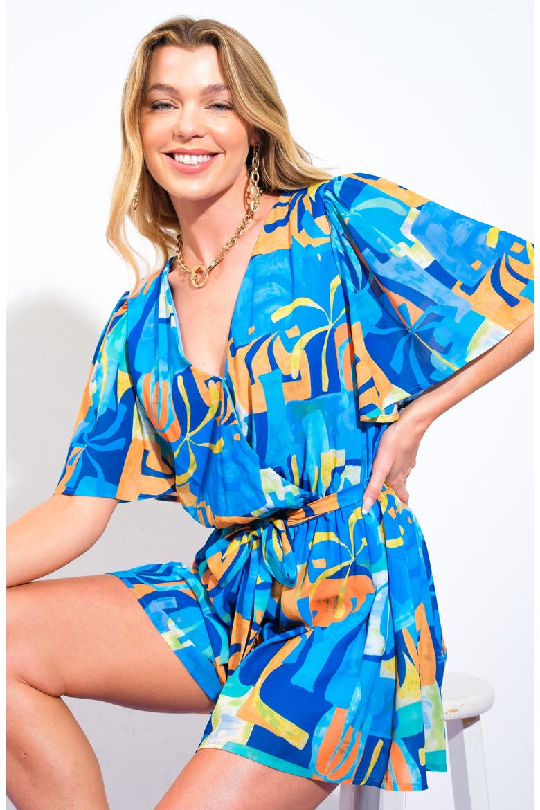 Print Tie Waist Romper, Alternate, color, NAVY BLUE