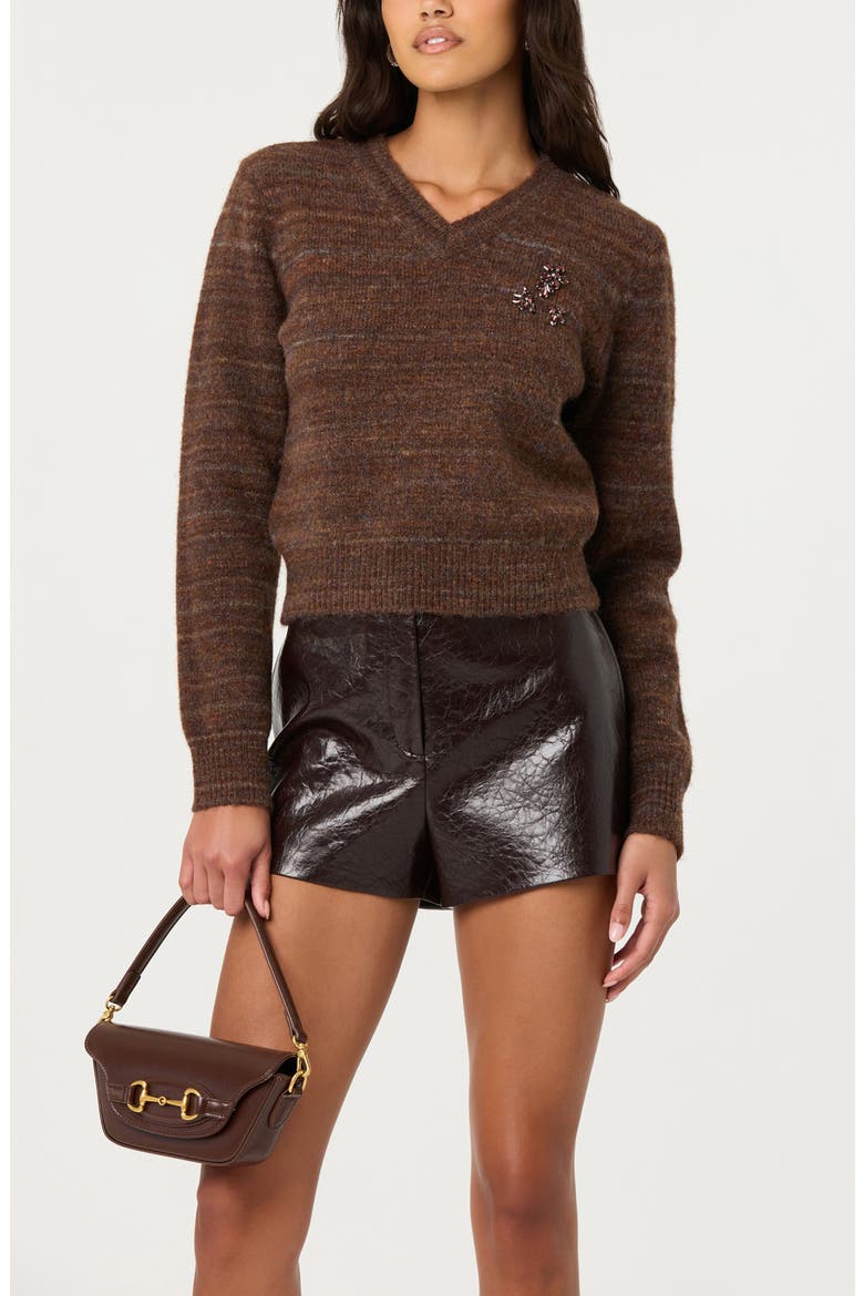 Dasia Embellished V-Neck Sweater, Alternate, color, BROWN