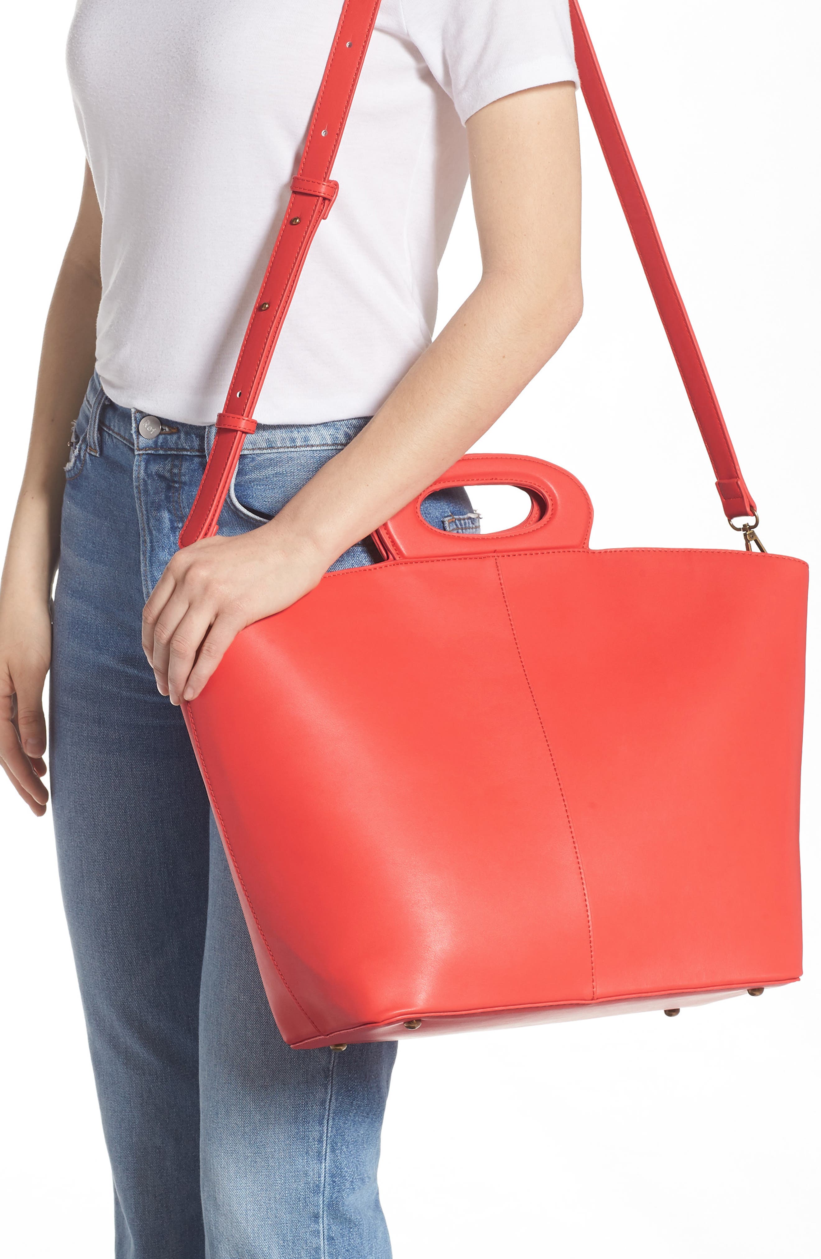 Large Faux Leather Tote, Alternate, color, RED