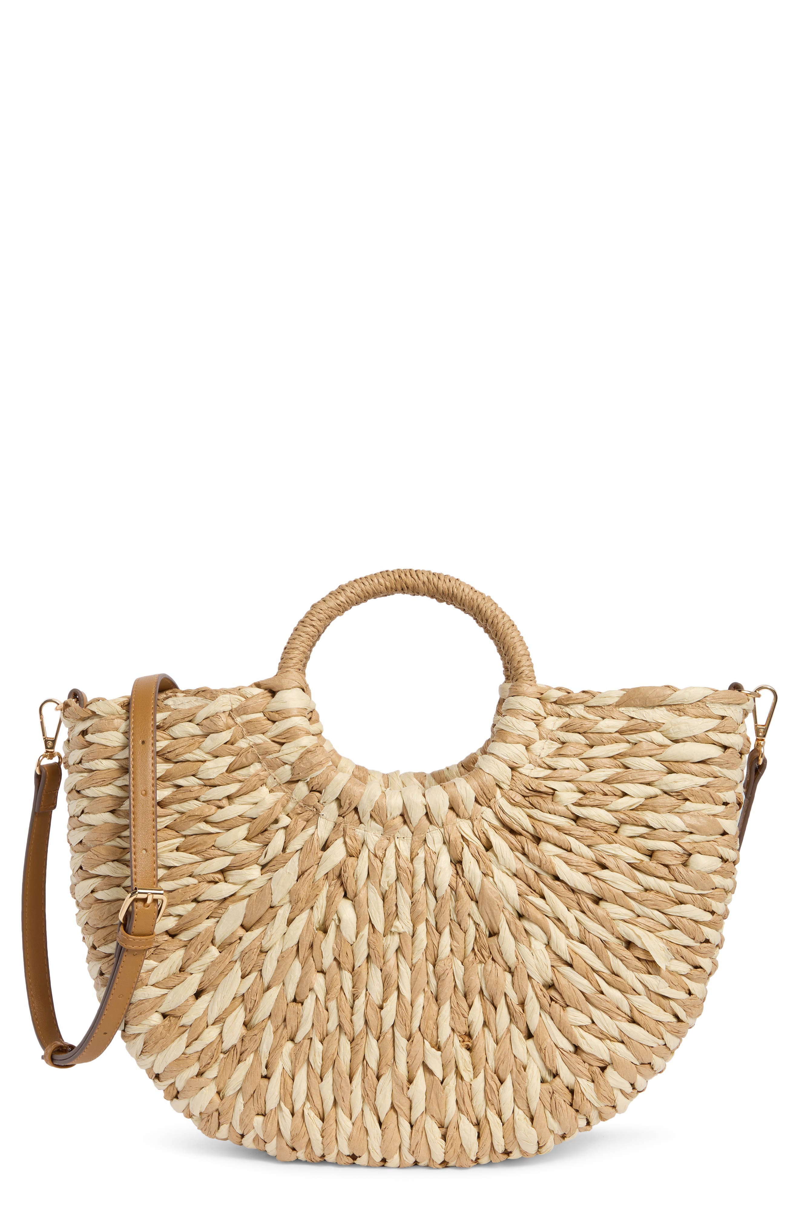 Collection XIIX Two-Tone Half Moon Straw Tote, Main, color, Natural