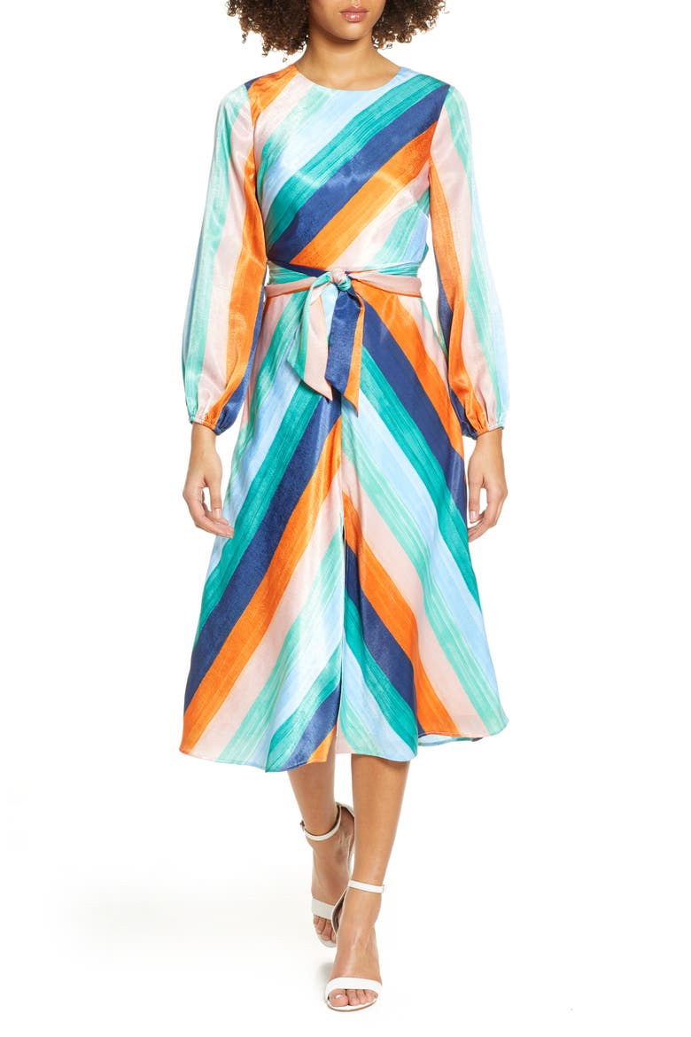 Sunset Skies Long Sleeve Stripe Satin Midi Dress, Alternate, color, SUNSET