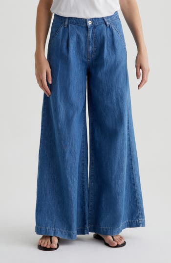 Ag Melinda Pleated Wide Leg Jeans In Blue