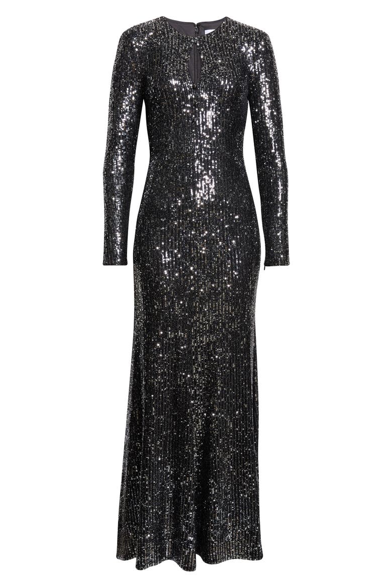 Stretch Paillette Long Sleeve Gown, Main, color, BLACK