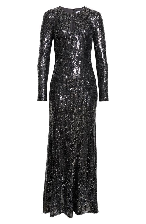 Stretch Paillette Long Sleeve Gown