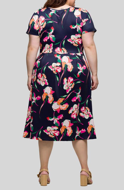 24seven Comfort Apparel Plus Size Short Sleeve Pleated Flare Midi Pocket Dress In Navy Multi