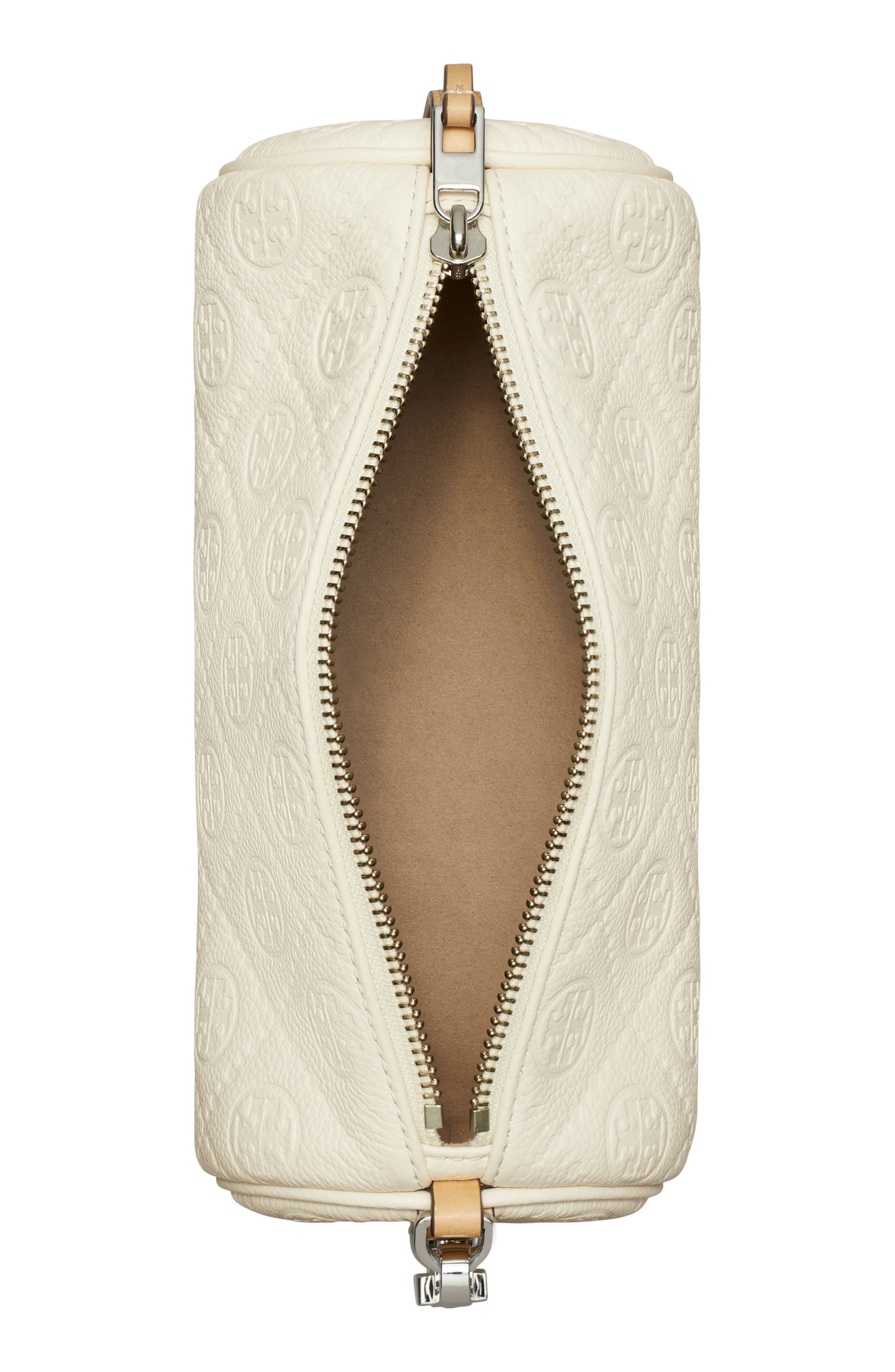 Tory Burch T Monogram Pebble Leather Cylinder Shoulder Bag, Alternate, color, Warm White