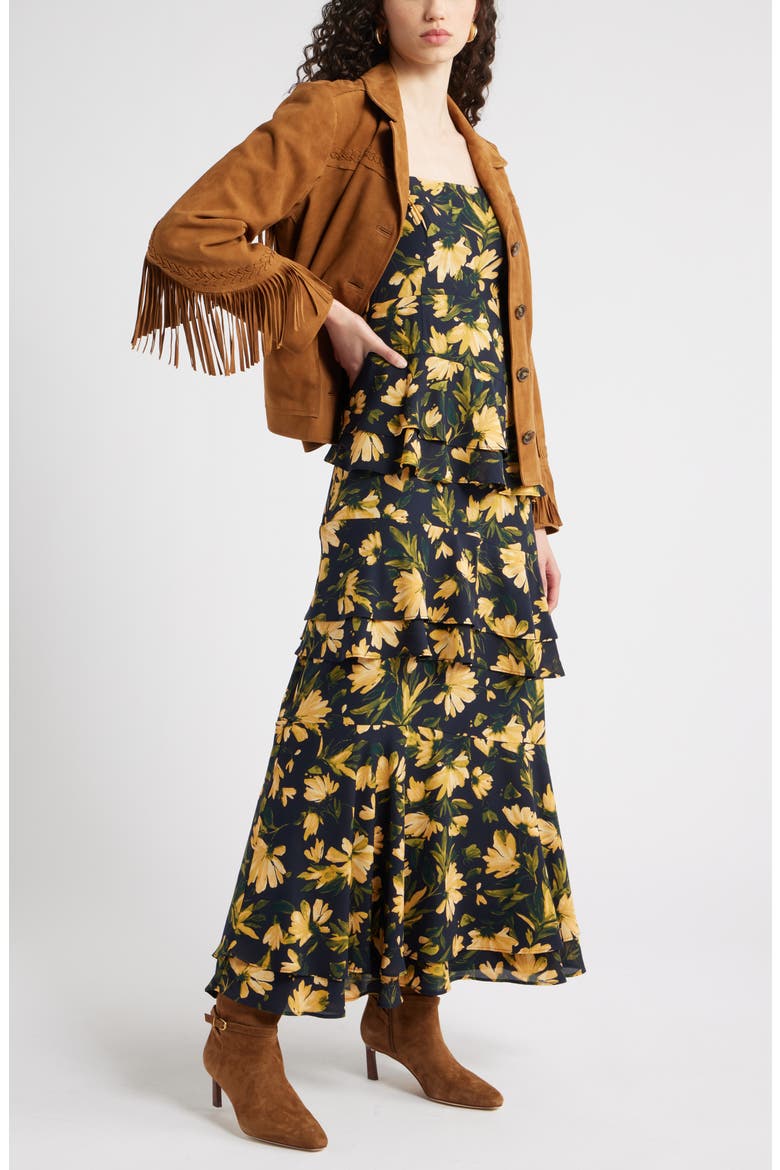 Tiered Asymmetric Ruffle Maxi Dress, Alternate, color, NAVY- YELLOW ARIA FLORAL