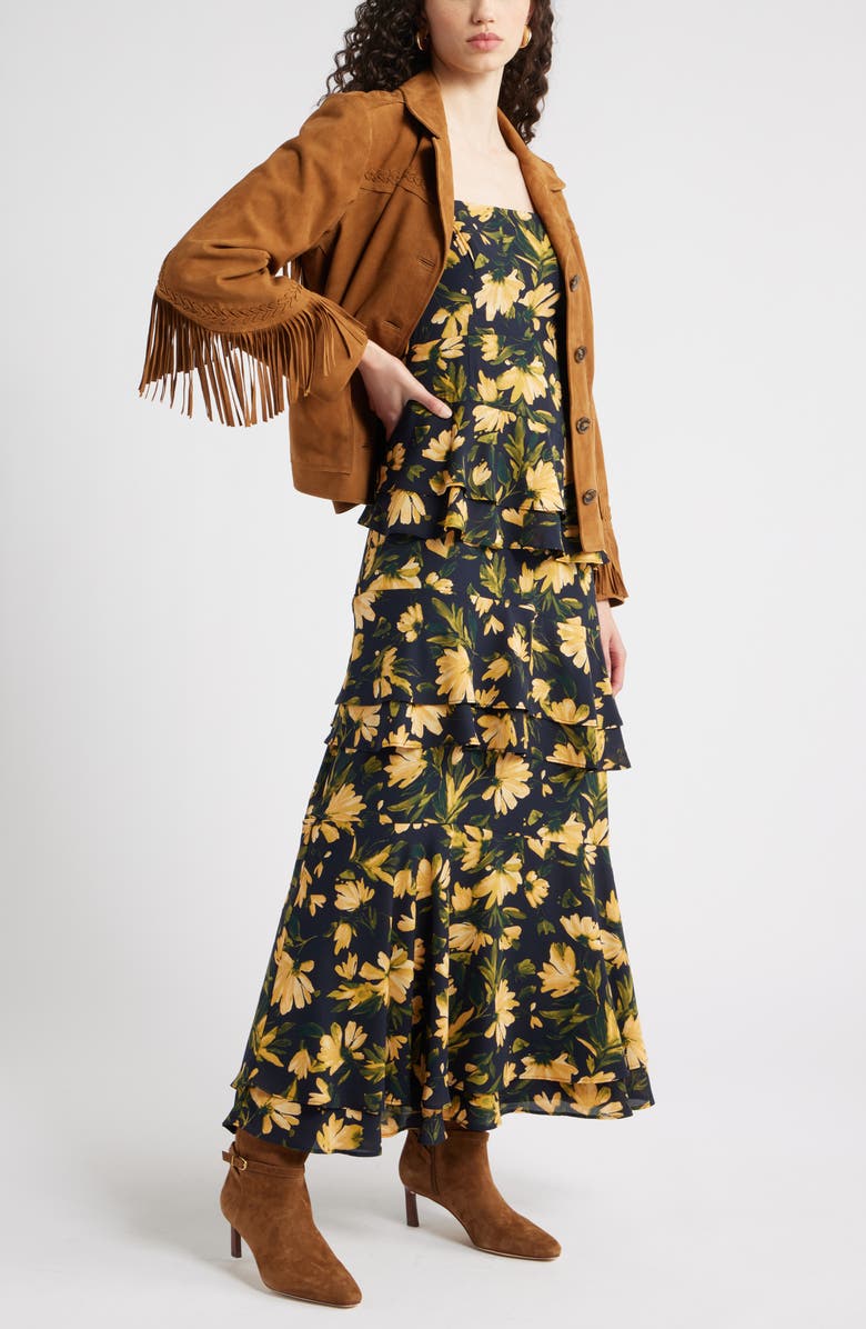 Chelsea28 Tiered Asymmetric Ruffle Maxi Dress, Alternate, color, Navy- Yellow Aria Floral