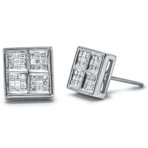 14K White Gold 1/2 Cttw Princess Diamond Composite Box Milgrain Stud Earrings