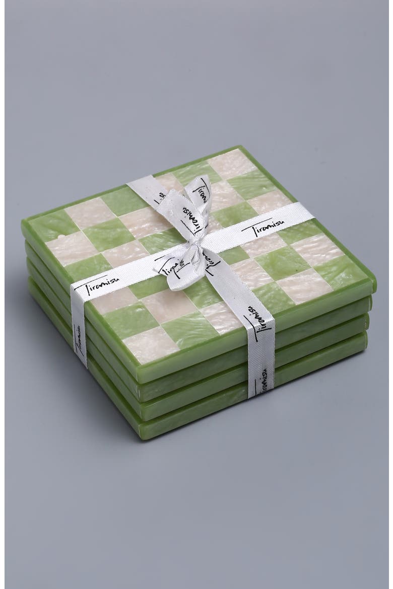 Set of 4 Checkered Resin Coasters, Alternate, color, GREEN