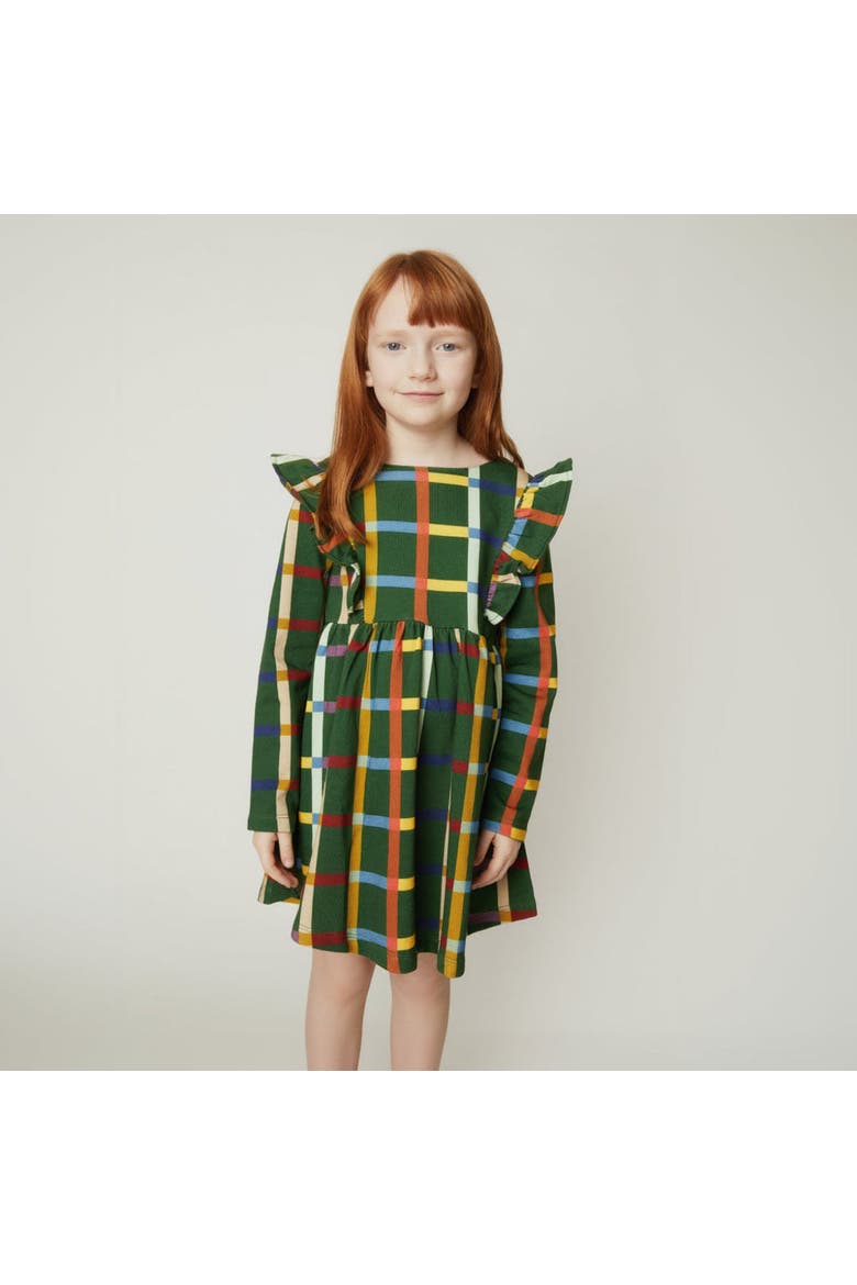 Fall Grid Ruffle Dress, Alternate, color, Green Pastures/Multi