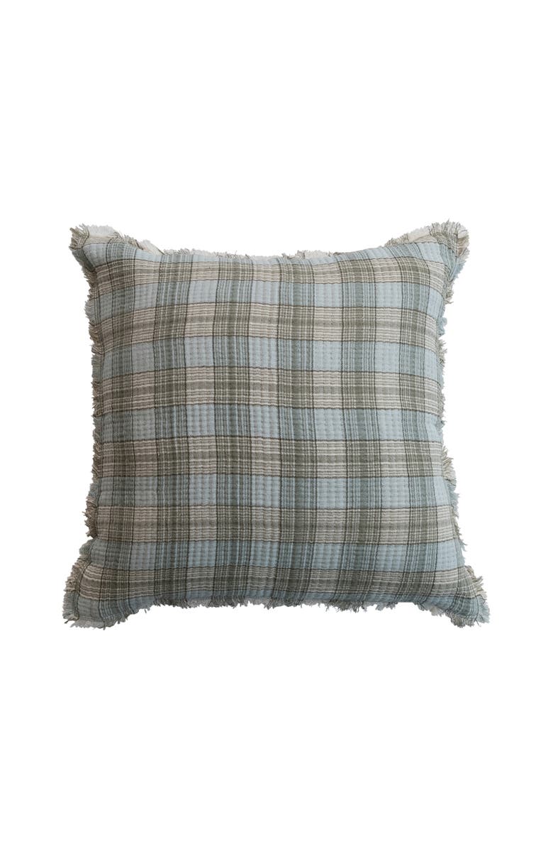 Storied Home Rustic Woven Cotton Double Cloth Pillow with Chambray Back and Frayed Edges, Multicolor Plaid, Main, color, Green