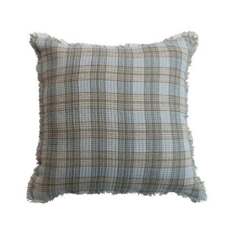 Rustic Woven Cotton Double Cloth Pillow with Chambray Back and Frayed Edges, Multicolor Plaid