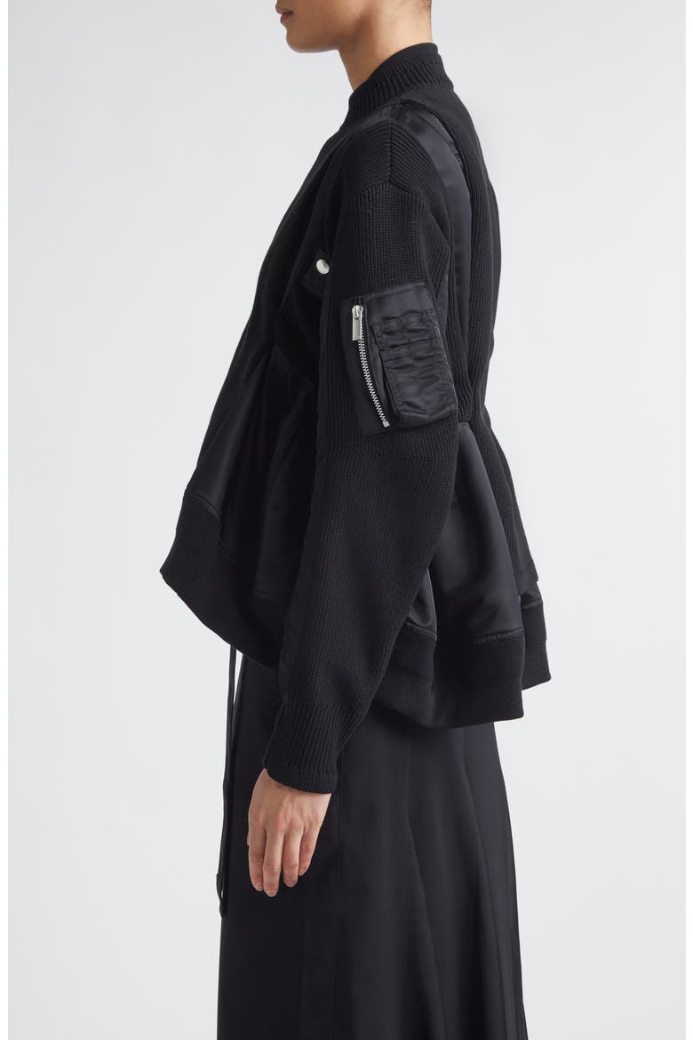 Mixed Media Bomber Jacket with Sweater Bib Overlay, Alternate, color, BLACK