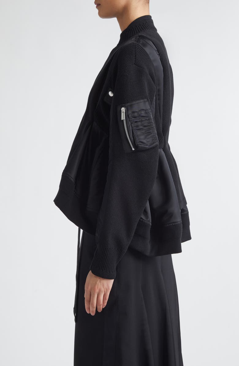 Sacai Mixed Media Bomber Jacket with Sweater Bib Overlay, Alternate, color, Black