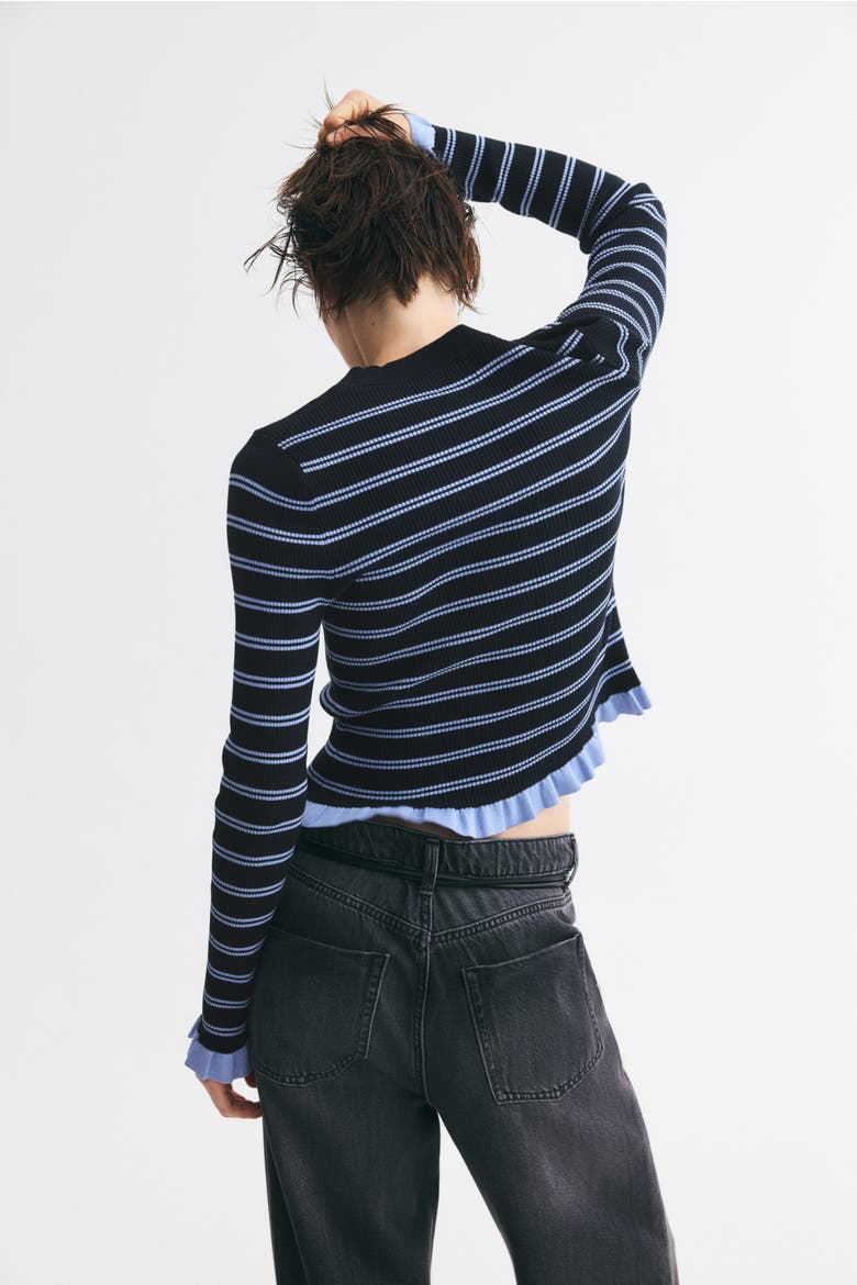 Ruffle-Trimmed Rib-Knit Top, Alternate, color, Navy blue/striped