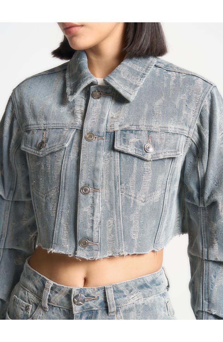 Manière De Voir Alice Cropped Distressed Denim Jacket, Alternate, color, Mid Blue