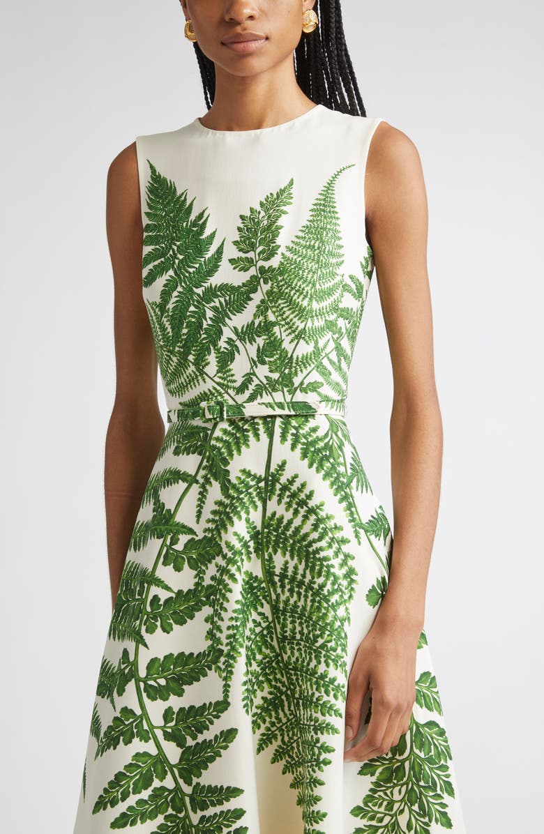 Oscar de la Renta Placed Fern Print Wool Blend A-Line Dress, Alternate, color, Green/ Ivory