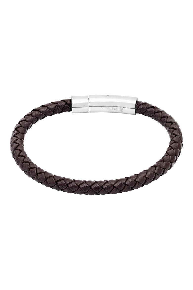 Stainless Steel Charm & Braided Leather Bracelet, Main, color, BROWN