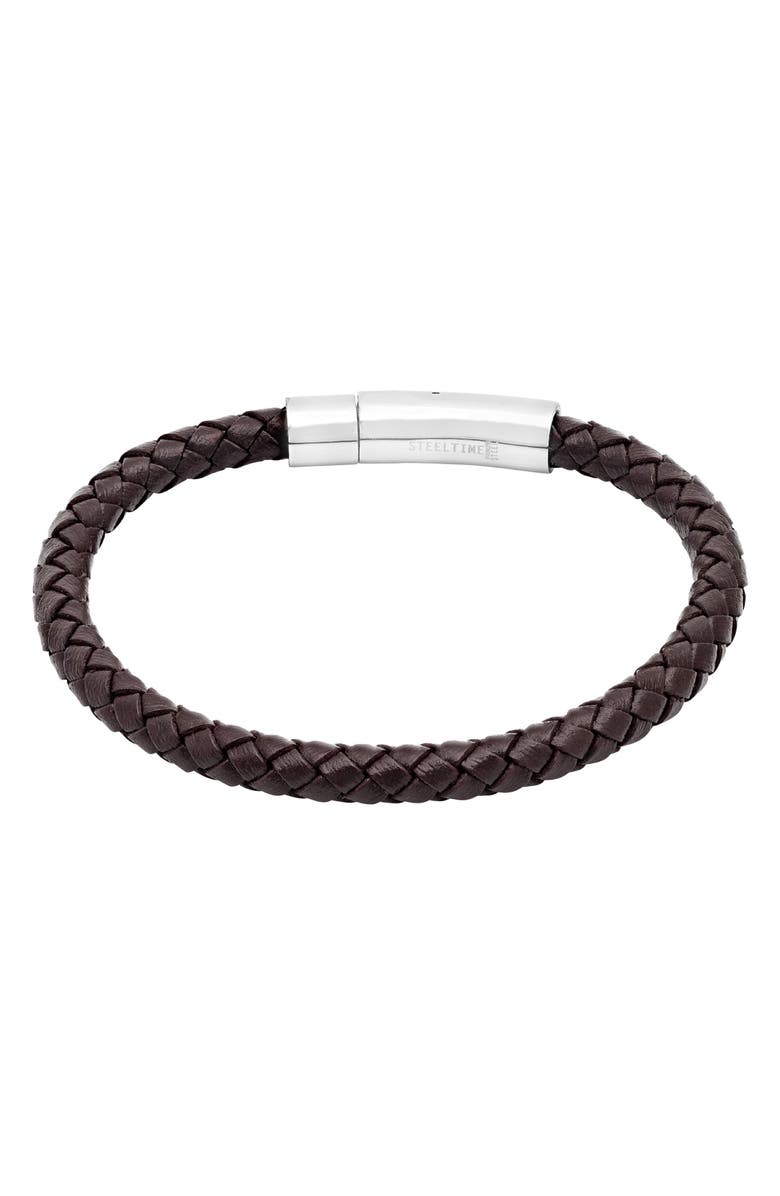 HMY JEWELRY Stainless Steel Charm & Braided Leather Bracelet, Main, color, Brown