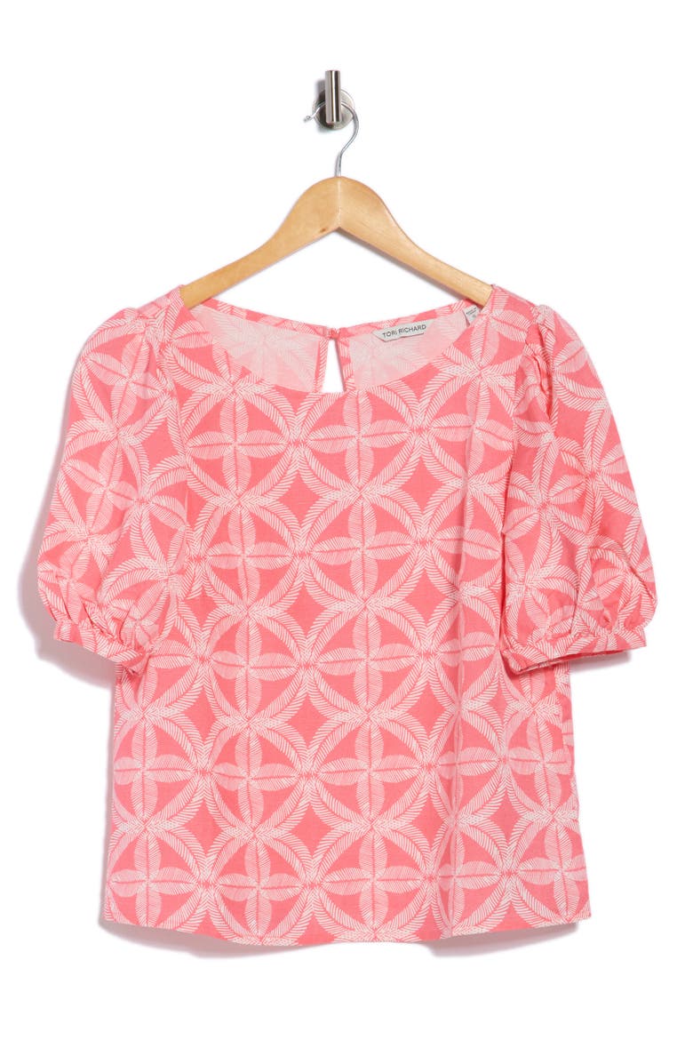 Breeze Block Beth Puff Sleeve Linen Blend Top, Alternate, color, RED CORAL