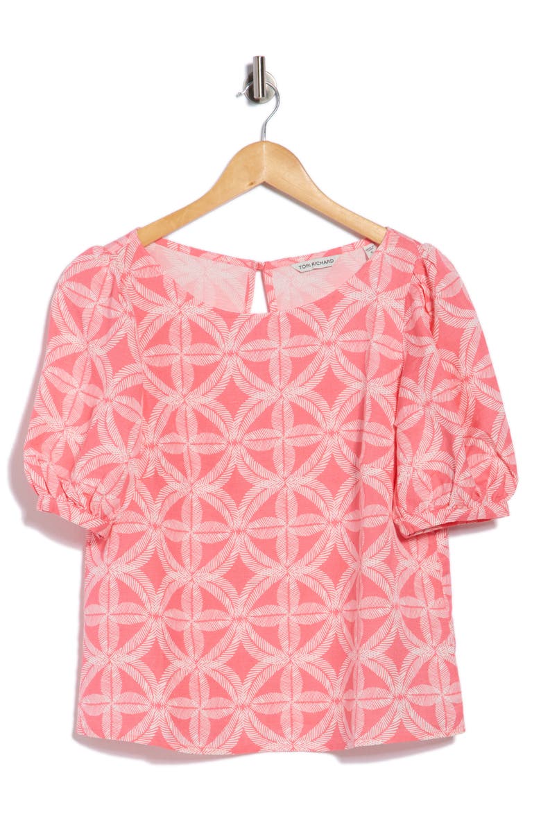 Tori Richard Breeze Block Beth Puff Sleeve Linen Blend Top, Main, color, Red Coral