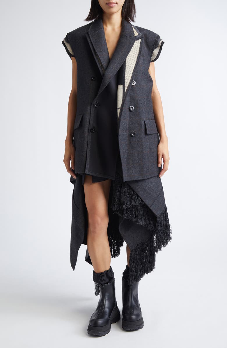 Sacai Double Face Plaid Melton Vest, Main, color, Gray