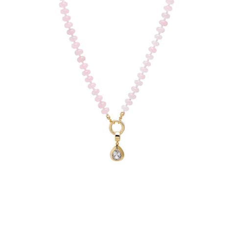 Colored Natural Stone Beaded /CZ Pear Bezel Charm Necklace