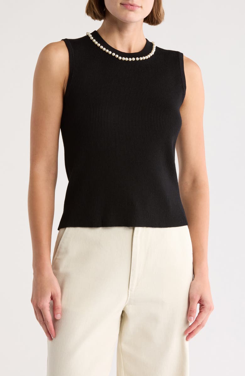 Adrianna Papell Imitation Pearl Ribbed Sleeveless Sweater, Main, color,
