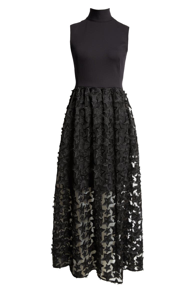 3D Star Embroidered Jersey & Tulle Midi Dress, Alternate, color, BLACK