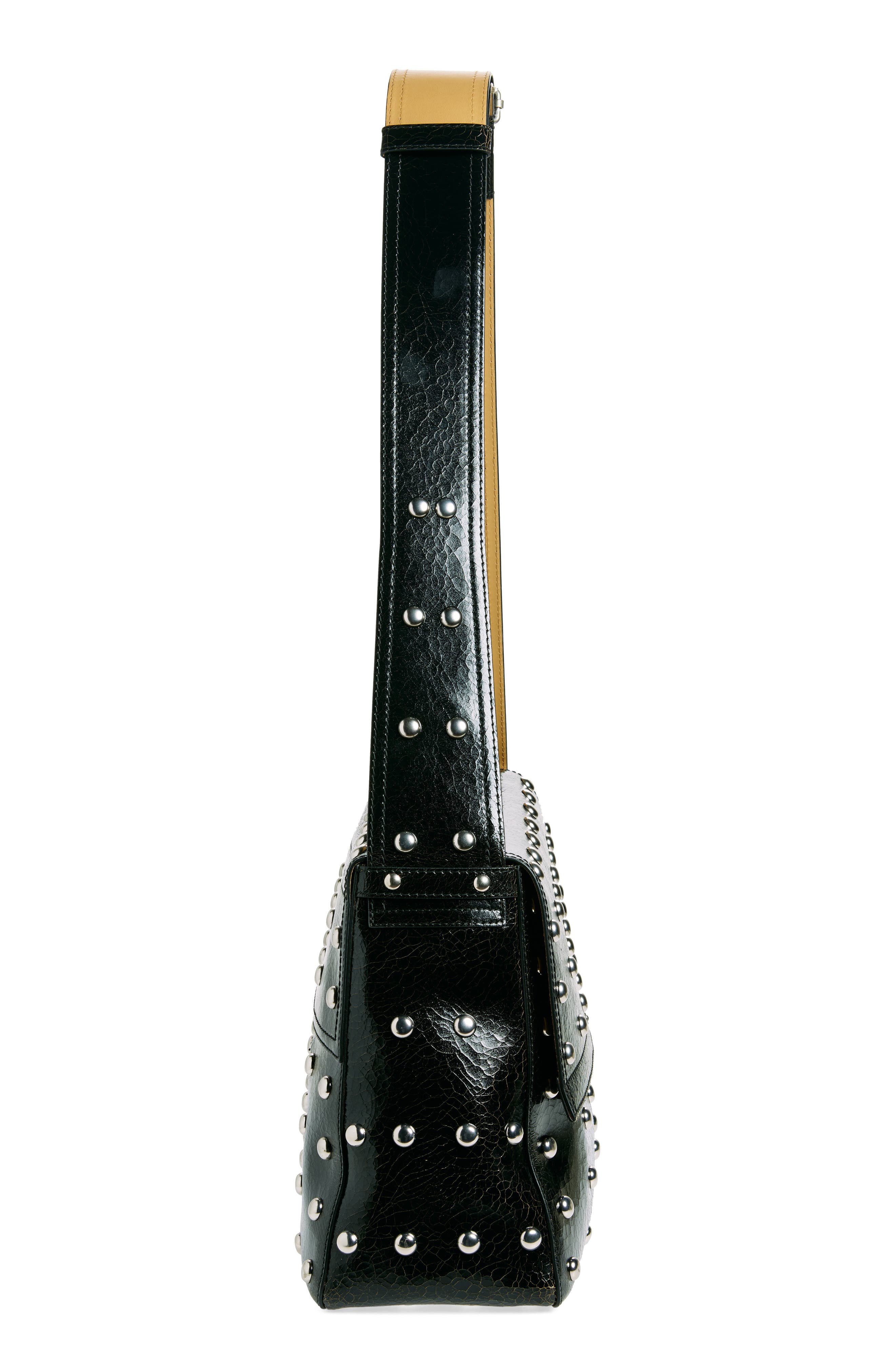 Large Slouch Studded Crackled Leather Messenger Bag, Alternate, color, BLACK/ CARAMEL/ SILVER