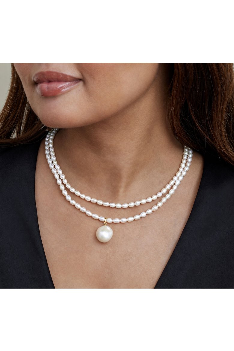 4.5-5.0mm Oval White Freshwater Pearl Double Strand Necklace, Alternate, color, Yellow Gold Fill