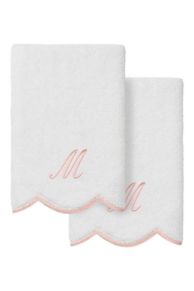 Scallop Set of 2 Monogram Fingertip Towels, Main, color, WHITE/ PINK M