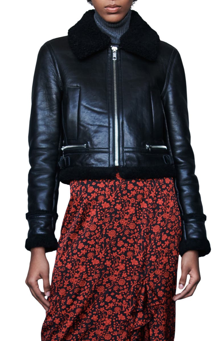 maje Bartonfink Lambskin Leather Biker Jacket with Genuine Shearling Trim, Main, color,