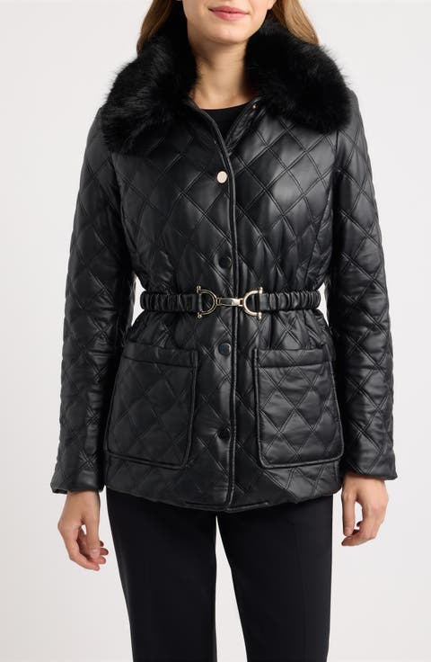 Double Diamond Quilted Jacket with Removable Faux Fur Collar