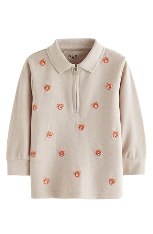 NEXT Kids' Bear Embroidered Long Sleeve Half Zip Cotton Polo in Neutral Bears 