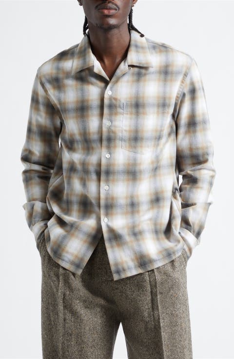 Gradient Check Brushed Flannel Button-Up Shirt