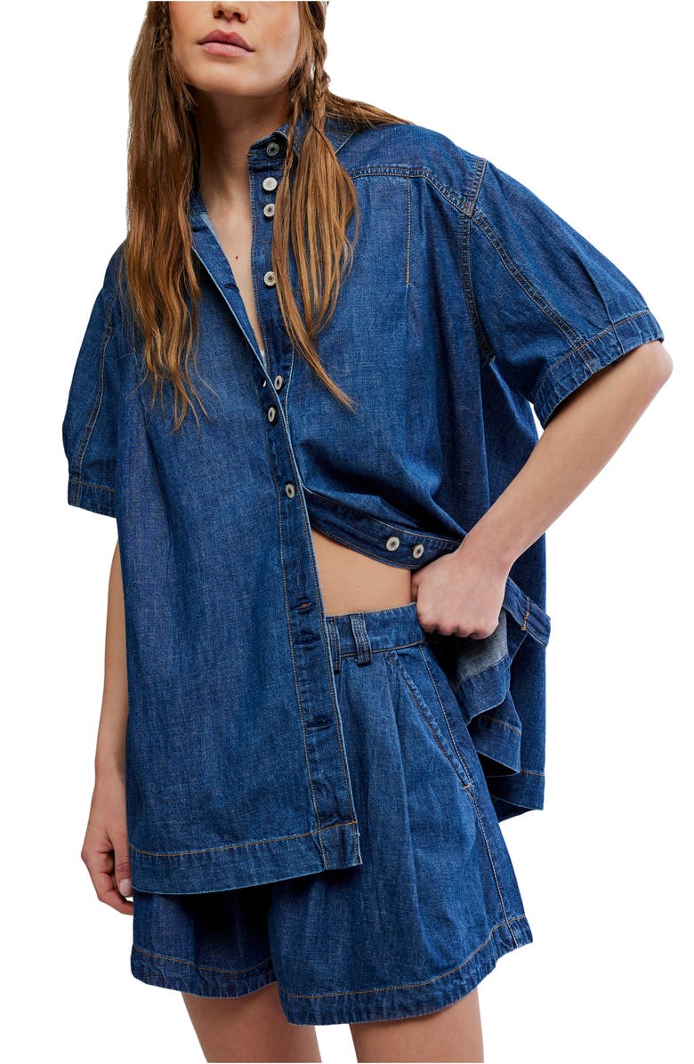 Free People Griselda Denim Shirt & Shorts Set, Alternate, color, Sea Dream Wash