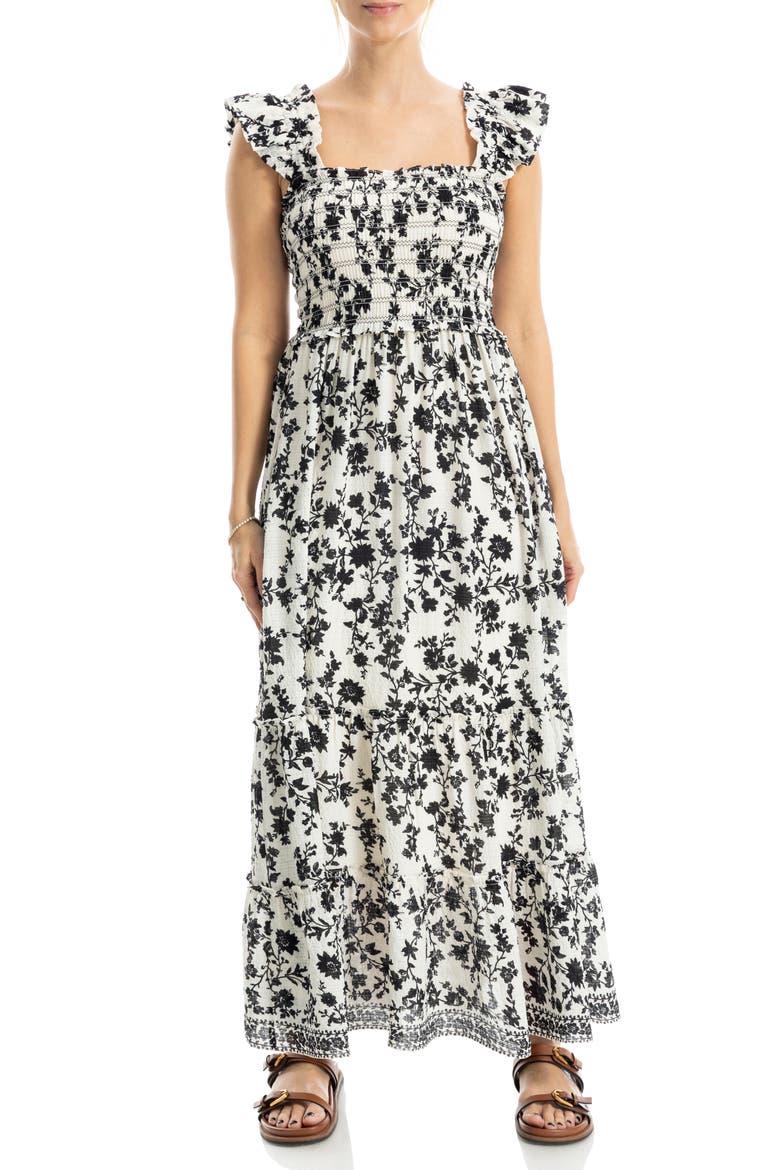 Flutter Sleeve Maxi Dress, Main, color, ECRU/ BLACK SILHOUETTE VINE