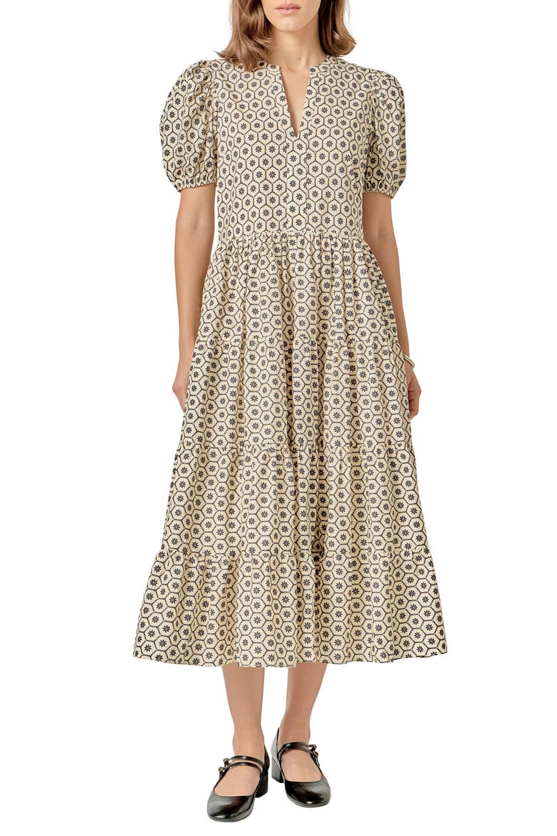Print Puff Sleeve Midi Dress, Main, color, BEIGE/ BLACK