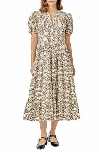 English Factory Print Puff Sleeve Midi Dress