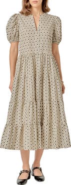 English Factory Print Puff Sleeve Midi Dress