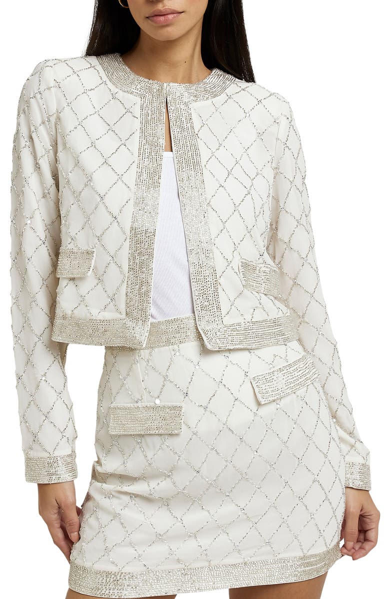 River Island Pearl Bead Embellished Knit Jacket, Main, color,